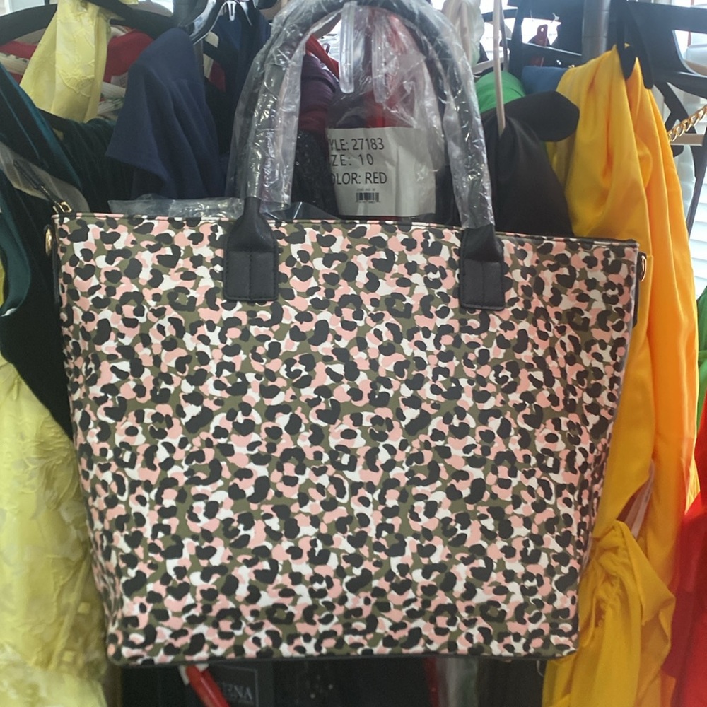 Trina Turk Pink Black Green Leopard-Print Tote - Picture 3 of 6